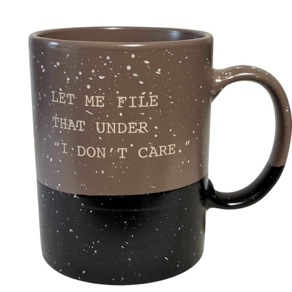 Leaf & Bean “ let me file that under I don’t care” 2 tone D handle speckled mug